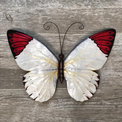 Beautiful Butterfly Metal Wall Art White with Red Tipped Wings