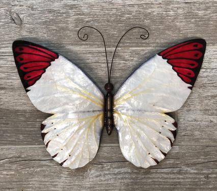 Beautiful Butterfly Metal Wall Art White with Red Tipped Wings